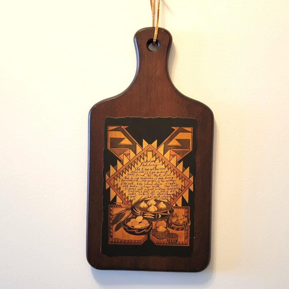 Vintage Wood Cutting Board w/ Decoupage Indian Pudding Recipe Wall Art 13.5"x7"